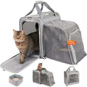 Cat Carrier with Litter Box, Expandable Cat Travel Carrier for Car, Soft Sided Cat Carrier for Cats/Puppies up to 25 lbs, Grey