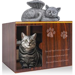 Cat Urn for Ashes - Large Wooden Texture Acrylic Memorial Urn with Angel Cat Statue, Pet Urns for Cats Ashes Keepsake Box - Sympathy Remembrance Gift for Loss of Beloved Pet Urns for Cats
