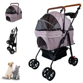 Pet Stroller with Storage Basket and Cup Holder, Folding Dog Jogger, Foldable Cat Stroller, 3 in 1 Puppy Kitten Cart, Pet Jogger for Medium Dog Cat (Gray)
