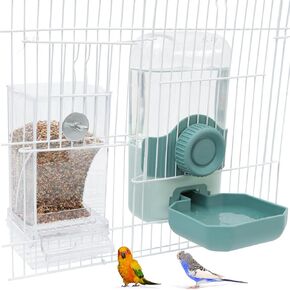 No Mess Bird Feeder Water Dispenser Set, Automatic Parrot Feeder Drinker Cage Accessories, for Parakeets, Cockatiels, Budgies, Macaws, Lovebirds, Canaries - Cage Mounted/External Hanging (Blue)