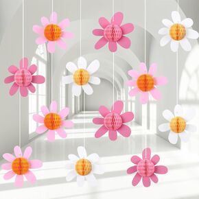 Poen 12 Pcs Daisy Honeycomb Balls Decorations Spring Classroom Boho Daisy Flower Hanging Ceiling Sign Groovy Honeycomb Pom Poms Paper Balls to Hang for Birthday Bridal Weeding Party(White)