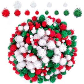 BQTQ 1200 Pieces Christmas Pom Pom Tinsel Balls Glitter Fluffy for Craft Making and Decorations (4 Sizes, White, Green, Red)