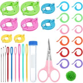 GREVOSEA 30PCS POM POM KIT ، صانع أحجام 4 أحجام لخطوطي زغب الكرة نسج DIY Project CROCHET CROCHET ACCESSORIES مع علامات غرزة مقص وإبر