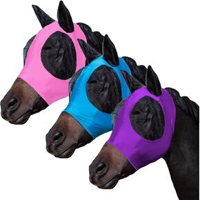 Foxlvda 3 PCS Horse Fly Mask-أقنعة ذبابة للخيول ذات الأذنين ، ونسيج تمدد التنفس مع حماية الأشعة فوق البنفسجية والشمس للخيول البالغة الكبيرة/المتوسطة (الأرجواني الأرجواني ، الكبير)