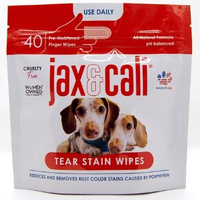 JAX & CALI Tear Stain Wipes for Dogs and Cats, All Natural, Non-Toxic, Non-Irritating Ingredients, Eliminates Most Porphyrin Stains, for Healthy Eye Function, 40 Pre-Moistened Finger Wipes