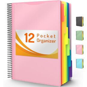 12 Pocket Project Organizer, Forvencer 1/6-cut Tab Binder Organizer with Sticky Labels, Multi Pocket Folder with Zipper Pouch, Folder Binder Spiral Pocket Notebook, Office Supplies, Letter Size, Blush in Kuwait