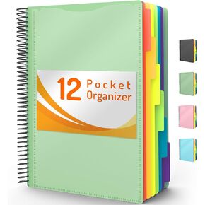 12 Pocket Project Organizer, Forvencer 1/6-cut Tab Binder Organizer with Sticky Labels, Multi Pocket Folder with Zipper Pouch, Folder Binder Spiral Pocket Notebook, Office Supplies, Letter Size, Blush