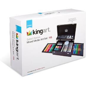 Kingart 131 Medial Media Art Set - 115 PC. ، 2 -drawer wooden case ، أقلام الرصاص ، الباستيل ، الدهانات ، الفرش ، المحو ، المبراة ، سكين لوحة ، لوحة ، الرسم ، الرسم ، جميع مستويات المهارة ، 115 جهاز كمبيوتر.