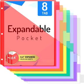 Forvencer 8 Count Dividers with Expanding Pockets, 8 Tab Binder Divider for 3 Ring Binder, Expanding Pockets Hold Up to 100 Sheets, Vibrant Color, 1 Set