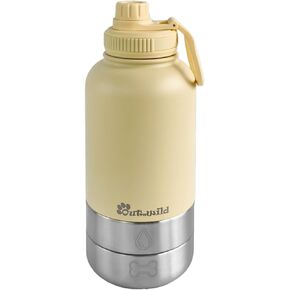 Out 'n Wild Portable Dog Bottled Bottle & Bowls - All -in -One Travel Association Pet Food & Sivers for Car ، المشي لمسافات طويلة ، التخييم - مقاومة للتسرب ، مسورة مزدوجة - 32 أوقية ، 2 أوعية الكلاب ، بيج.