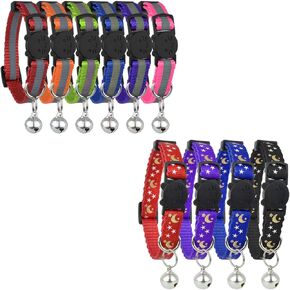 Reflective Cat Collar with Bell, Set of 10, Stars & Moon Collars for Cats, Nylon, Mixed Colors, Pet Collar, Breakaway Cat Collar, Free Replacement (10-Pack)