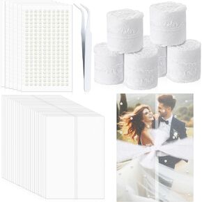 MotiMind 50 Set Pearl Pre Folded Vellum Jackets for 5 x 7 Invitations 6 Chiffon Silk Ribbon 32.8 Yard, 1200 Pearls Stickers with 1 Tweezer for Wedding Invitations Save The Date Card and Scrapbooking