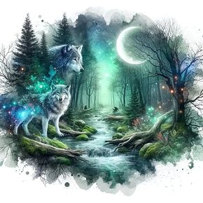 VClkdiy Wolf Forest Moon Moon Diamond Art Kits للبالغين ، مجموعات الطلاء الماس 5D للمبتدئين البالغين ، DIY Complete Round Drill Diamond Dot Painte Gem Gem Kits for البالغين ، ديكور الجدار المنزلي 13.8x13.8 بوصة