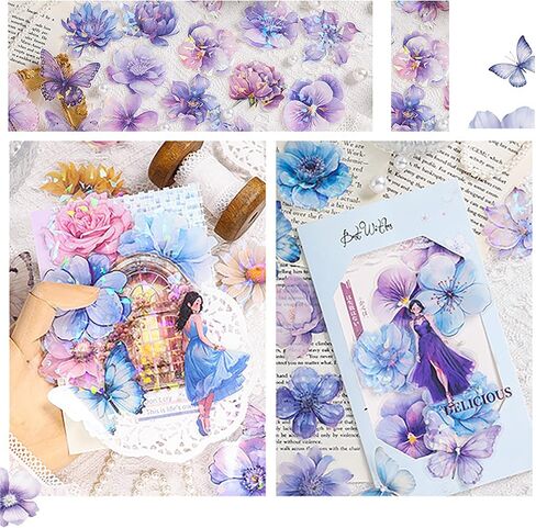 Doraking 60 قطعة ملصقات زهرة لامعة لامعة لصحيفة اليومية ، شارات زخرفية مقاومة للماء لمستلزمات Scrapbooking Journal Phots Photo Photo Decor (Purple) in Saudi Arabia