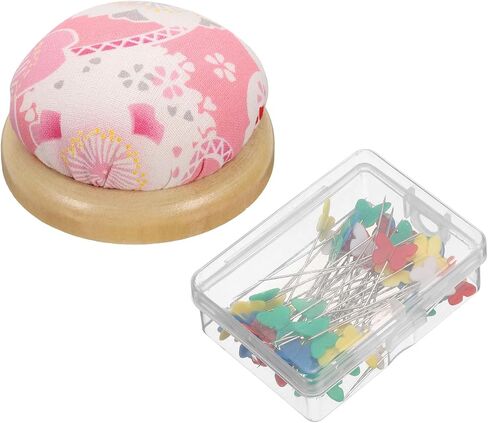 Harfington Pin Cushion قاعدة خشبية مع 50 قطعة دبابيس الخياطة مجموعة النمط الياباني مستديرة الحامل الإبرة لخياطة الإبرة خياطة الإبرة DIY ، نمط الأزهار الوردي in Saudi Arabia