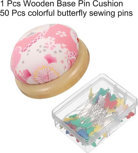 Harfington Pin Cushion قاعدة خشبية مع 50 قطعة دبابيس الخياطة مجموعة النمط الياباني مستديرة الحامل الإبرة لخياطة الإبرة خياطة الإبرة DIY ، نمط الأزهار الوردي in Saudi Arabia