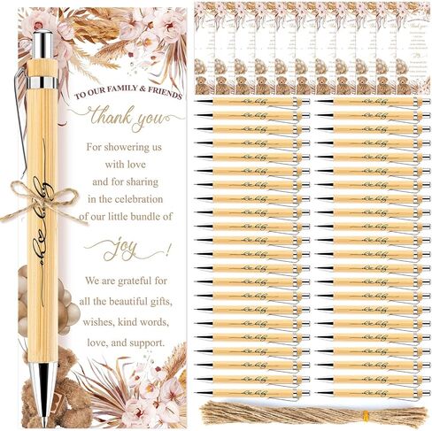 50 Sets Boho Baby Shower Gifts for Guest Wood Bamboo Baby Shower Pens Thank You Cards Retractable Ballpoint Pens Bohemian Pampas Grass Floral Baby Shower Boys Gifts Party Favors Souvenirs Prizes in Saudi Arabia