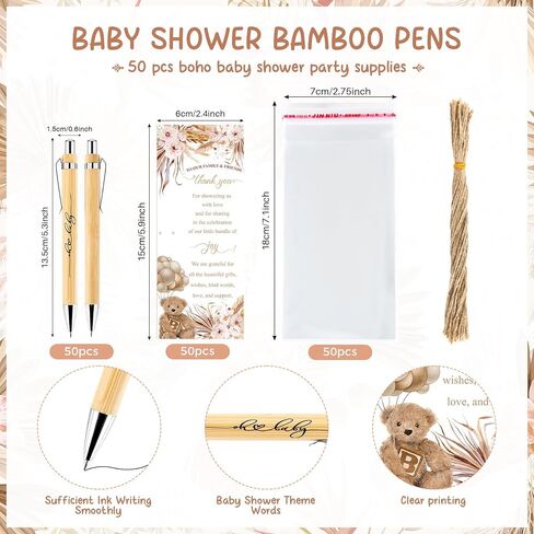50 Sets Boho Baby Shower Gifts for Guest Wood Bamboo Baby Shower Pens Thank You Cards Retractable Ballpoint Pens Bohemian Pampas Grass Floral Baby Shower Boys Gifts Party Favors Souvenirs Prizes in Saudi Arabia