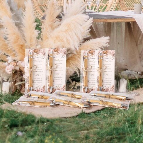 50 Sets Boho Baby Shower Gifts for Guest Wood Bamboo Baby Shower Pens Thank You Cards Retractable Ballpoint Pens Bohemian Pampas Grass Floral Baby Shower Boys Gifts Party Favors Souvenirs Prizes in Saudi Arabia