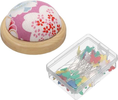 HARFINGTON Pin Cushion Wooden Base with 50 Pieces Sewing Pins Set Japanese Style Round Pincushion Needle Holder for Sewing Quilting Needlework DIY Crafts, Purple Floral Style in Saudi Arabia