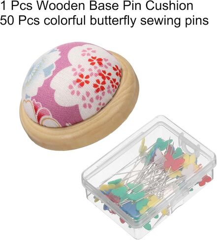 HARFINGTON Pin Cushion Wooden Base with 50 Pieces Sewing Pins Set Japanese Style Round Pincushion Needle Holder for Sewing Quilting Needlework DIY Crafts, Purple Floral Style in Saudi Arabia