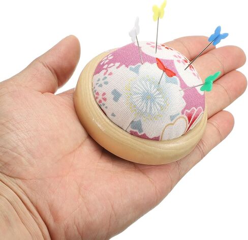 HARFINGTON Pin Cushion Wooden Base with 50 Pieces Sewing Pins Set Japanese Style Round Pincushion Needle Holder for Sewing Quilting Needlework DIY Crafts, Purple Floral Style in Saudi Arabia