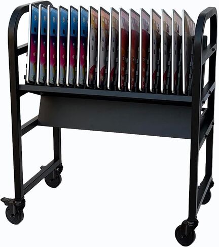 Workington 16-Device Mobile School Open School Cart Station لأجهزة iPad و Chromebooks والأجهزة اللوحية وأجهزة الكمبيوتر المحمولة مع شريط الطاقة المتضمن ، التجميع المطلوب ، 1005 أسود in Kuwait