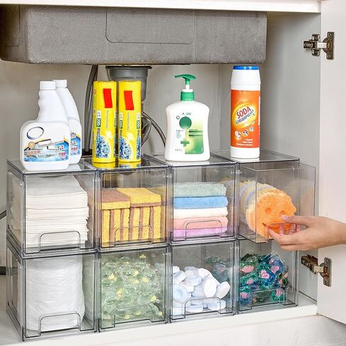 Vtopmart 4 Pack Stackable Storage Drawers, 6.6''Tall Acrylic Bathroom Makeup Organizers,Clear Plastic Storage Bins For Vanity, Undersink, Kitchen Cabinet,Pantry Organization and Storage in Kuwait