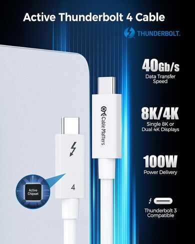 مسائل الكابل [معتمد من Intel] كابل Thunderbolt 4 النشط بسرعة 40 جيجابت في الثانية بطول 6.6 قدم مع شحن 100 واط وفيديو 8K - متوافق تمامًا مع USB C/USB-C، وUSB 4 / USB4، وThunderbolt 3 in Kuwait