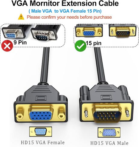 VGA Extension Cable 6FT, Male to Female 15 Pin, 1080P Full HD | SVGA HD15 extender, NOT 9 Pin, fits Laptop, PC, Projector, HDTV, Display in Kuwait