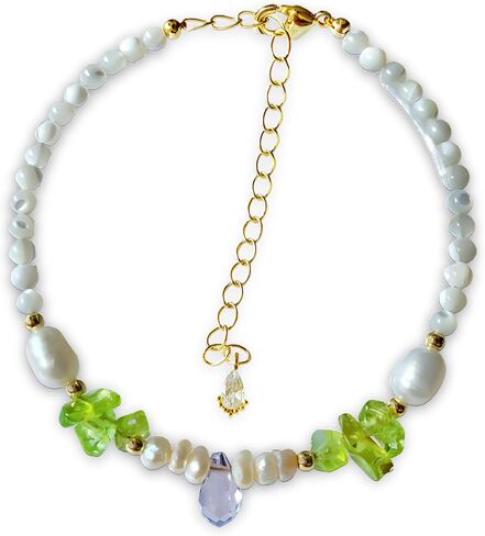 Handmade Bracelet with Mixed Materials: Freshwater Pearl, White Mother-of-Pearl Shell, Cut Crystal, & Green Olive Stone,Boho Chic,Ideal Gift Idea for Women & Teen Girls in Kuwait