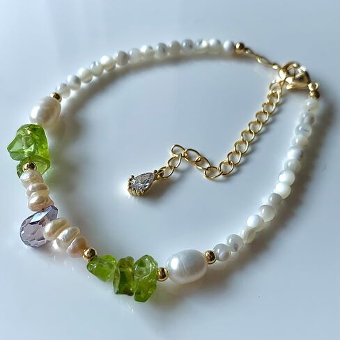 Handmade Bracelet with Mixed Materials: Freshwater Pearl, White Mother-of-Pearl Shell, Cut Crystal, & Green Olive Stone,Boho Chic,Ideal Gift Idea for Women & Teen Girls in Kuwait
