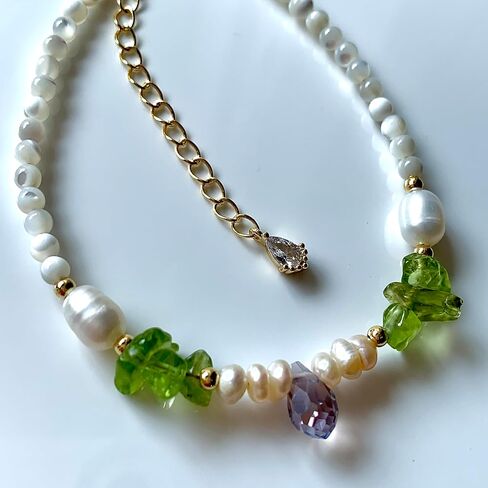 Handmade Bracelet with Mixed Materials: Freshwater Pearl, White Mother-of-Pearl Shell, Cut Crystal, & Green Olive Stone,Boho Chic,Ideal Gift Idea for Women & Teen Girls in Kuwait