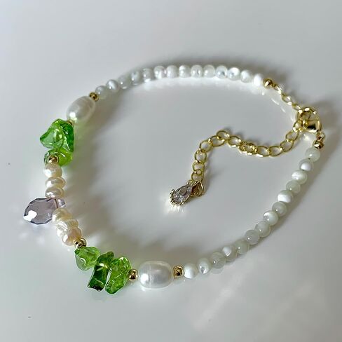Handmade Bracelet with Mixed Materials: Freshwater Pearl, White Mother-of-Pearl Shell, Cut Crystal, & Green Olive Stone,Boho Chic,Ideal Gift Idea for Women & Teen Girls in Kuwait