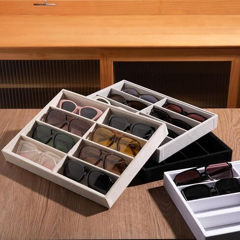 Frebeauty Sunglass Organizer,Velvet Glasses Organizer,8-Slot Sunglasses Tray with Clear Lid,Men's/Women's Sunglasses Box,Sunglass Case,13.3 x 9.6 x 2.2 Inches,Eyeglass/Eyewear Display Tray(Ink black) in Saudi Arabia