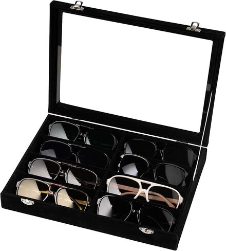 Frebeauty Sunglass Organizer,Velvet Glasses Organizer,8-Slot Sunglasses Tray with Clear Lid,Men's/Women's Sunglasses Box,Sunglass Case,13.3 x 9.6 x 2.2 Inches,Eyeglass/Eyewear Display Tray(Ink black) in Saudi Arabia