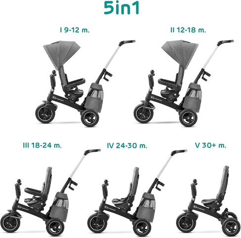 Kinderkraft EASYTWIST Trycicle for Kids Toddlers, Trike 5-in-1, Swivel seat 360° Rotation, Waterproof Material with UPF50+ Filter, Adjustable Parent Handle, Gray in Kuwait