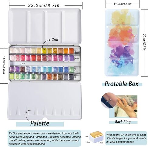 Handmade Metallic Watercolor Paints Set for Adult Artists, 36 Glitter Solid Water Color Paint 2ml Half Pans Metal Case Sparkle Pearlescent Watercolour Painting Set Art Supplies in Saudi Arabia