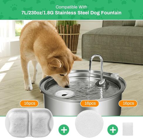 16-Pack Cat Fountain Filter for 7L/230oz/1.8G Stainless Steel Dog Dispenser, 16 Sets of Dog Water Fountain Replacement Filter/Foam/Sponge for 7L/230oz 1.8GAL Pet Drinking Water Bowl in Kuwait