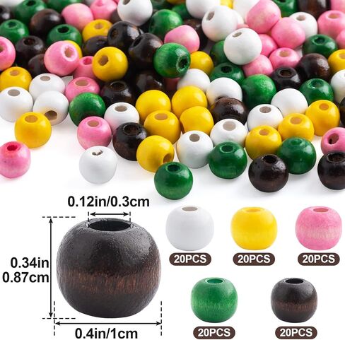 100pcs 9x10mm Wooden Beads for Crafts, Colorful Round Large Hole Wood Hair Bead, Lightweight Wooden Spacer Beads for Macrame Necklace Bracelet DIY Craft Handmade Decor in Saudi Arabia