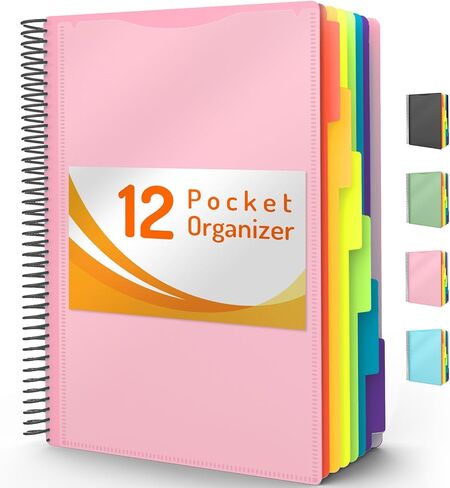 12 Pocket Project Organizer, Forvencer 1/6-cut Tab Binder Organizer with Sticky Labels, Multi Pocket Folder with Zipper Pouch, Folder Binder Spiral Pocket Notebook, Office Supplies, Letter Size, Blush in Kuwait