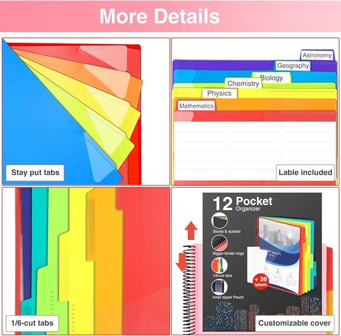 12 Pocket Project Organizer, Forvencer 1/6-cut Tab Binder Organizer with Sticky Labels, Multi Pocket Folder with Zipper Pouch, Folder Binder Spiral Pocket Notebook, Office Supplies, Letter Size, Blush in Kuwait