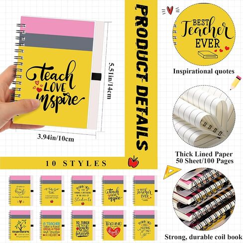 10 Sets Teacher Appreciation Gift Bulk, Pencil Design Spiral Notebooks Glitter Ballpoint Pen Set, Teacher Thank You Gifts for Employee, Staff, Coworkers, Office, School Supplies, 10 Styles in Saudi Arabia