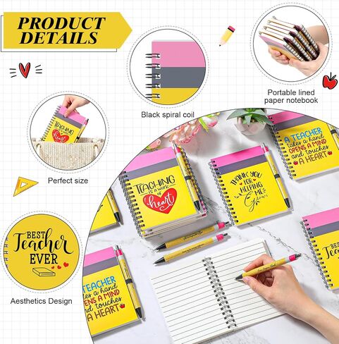 10 Sets Teacher Appreciation Gift Bulk, Pencil Design Spiral Notebooks Glitter Ballpoint Pen Set, Teacher Thank You Gifts for Employee, Staff, Coworkers, Office, School Supplies, 10 Styles in Saudi Arabia