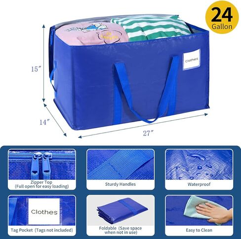 3-Pack Moving Bags with Carrying Handles and Zipper - Heavy Duty Space Saving Bags with Tag Pocket,Extra Large Storage Bags, Waterproof Totes for Clothes College move-in,Blue in Saudi Arabia