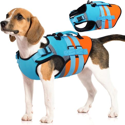 Kuoser Dog Life Jacket, Large High Flotation 2XL Dog Life Vest for Swimming Boating, Reflective Dogs Swimsuit Lifejacket, Pet Life Preserver with Double Rescue Handle, Blue, XXL in Saudi Arabia
