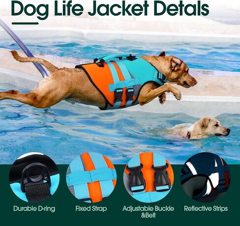 Kuoser Dog Life Jacket, Large High Flotation 2XL Dog Life Vest for Swimming Boating, Reflective Dogs Swimsuit Lifejacket, Pet Life Preserver with Double Rescue Handle, Blue, XXL in Saudi Arabia