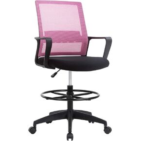 Drafting Chair Tall Office Chair Adjustable Swivel Rolling Mesh Height with Lumbar Support Arms Footrest Mid Back for Adults Standing Desk Drafting Stool(Pink)
