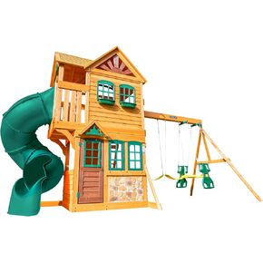 Kidkraft Buffalo Crossing مجموعة أرجوحة خشبية مع Playhouse و Rock Wall و Tube Slide و Glider