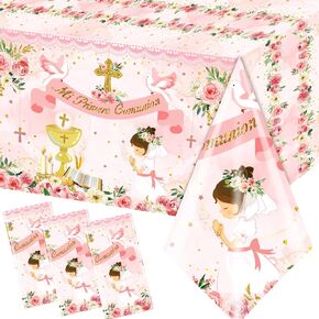 أول زخارف بالتواصل-3pcs الوردي Mi primera comunion tablecloth الجدول المعمودي